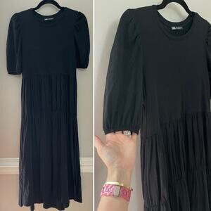 Zara‎ Minimalist 100% Cotton Black Tiered Puff Sleeve Midi Dress Small